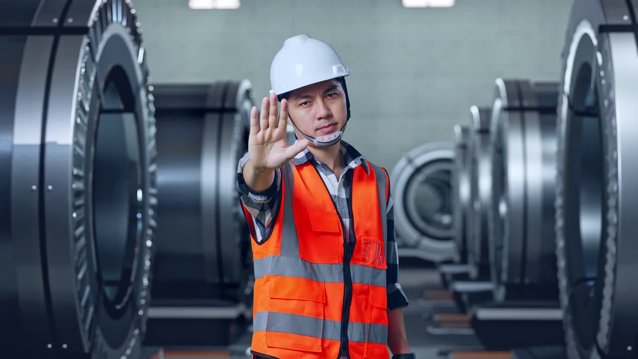 안전 헬을 입은 아시아 남성 엔지니어가 금속 공장에서 서서 손 표시 없이 불쾌감을 표합니다.
