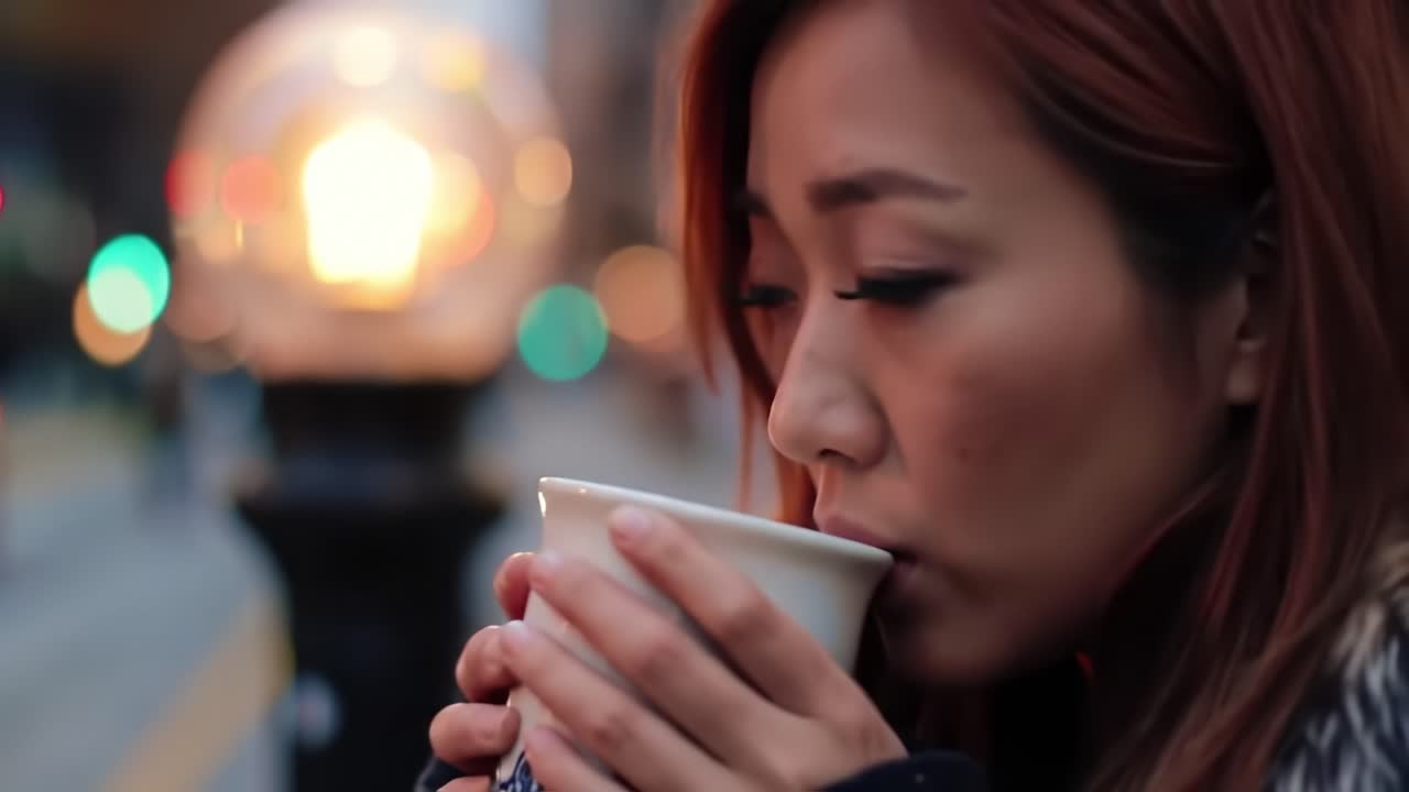 A Contemplative Moment: A Woman Reflects While Holding a Cup Amidst City Lights, Capturing the Essence of Urban Solitude and Thoughtfulness in Evening Ambiance