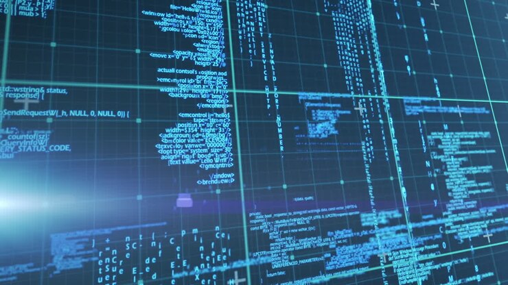 Animation of digital data processing over grid and blue background