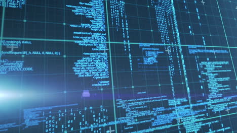 animation of digital data processing over grid and blue background