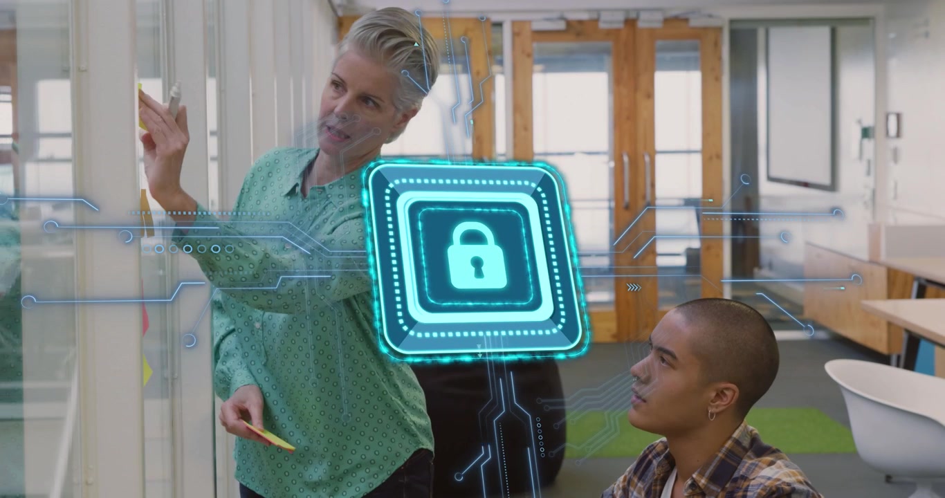Woman prepping note and placing sticky notes on glass with man watching, holo lock guiding security