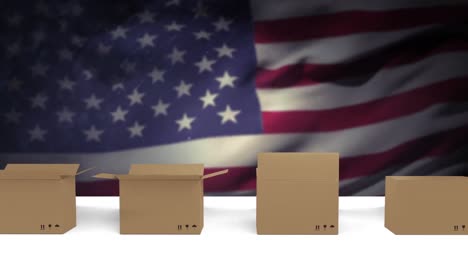 animation of conveyor belt with cardboard boxes over flag of united states of america