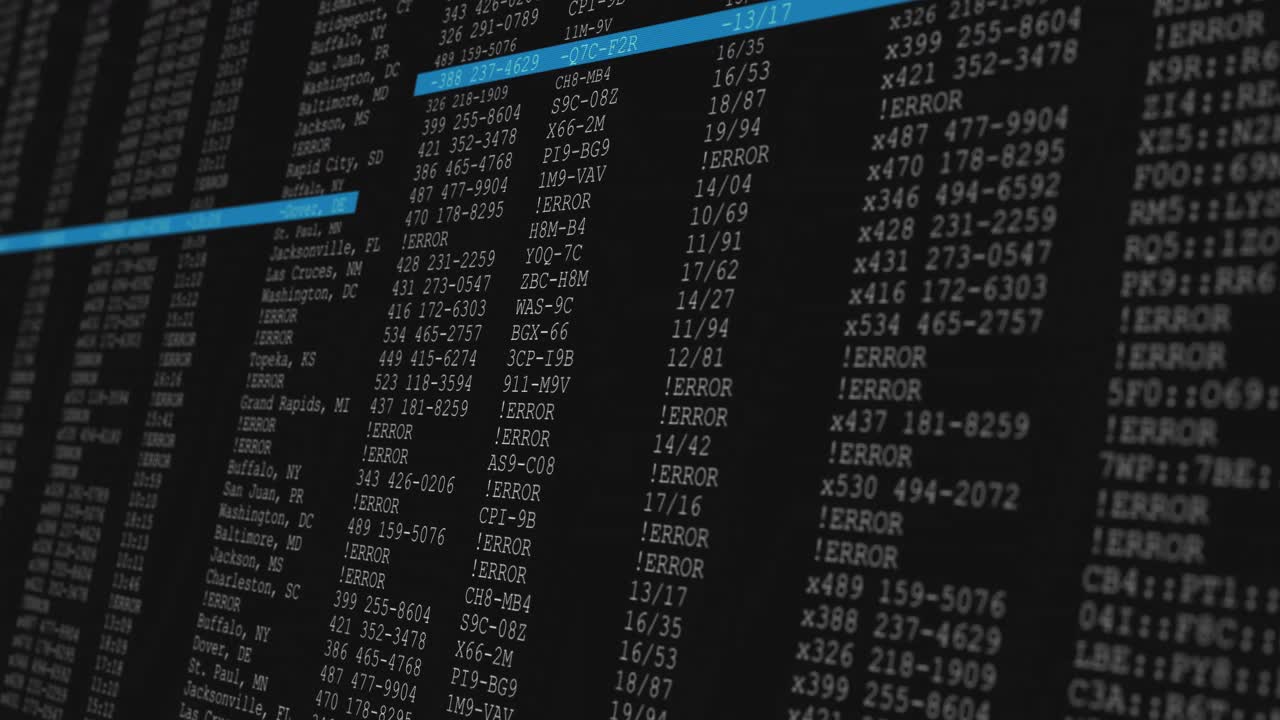 Animation of data processing on black and blue computer screen