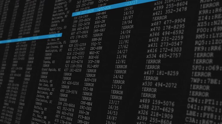 Animation of data processing on black and blue computer screen