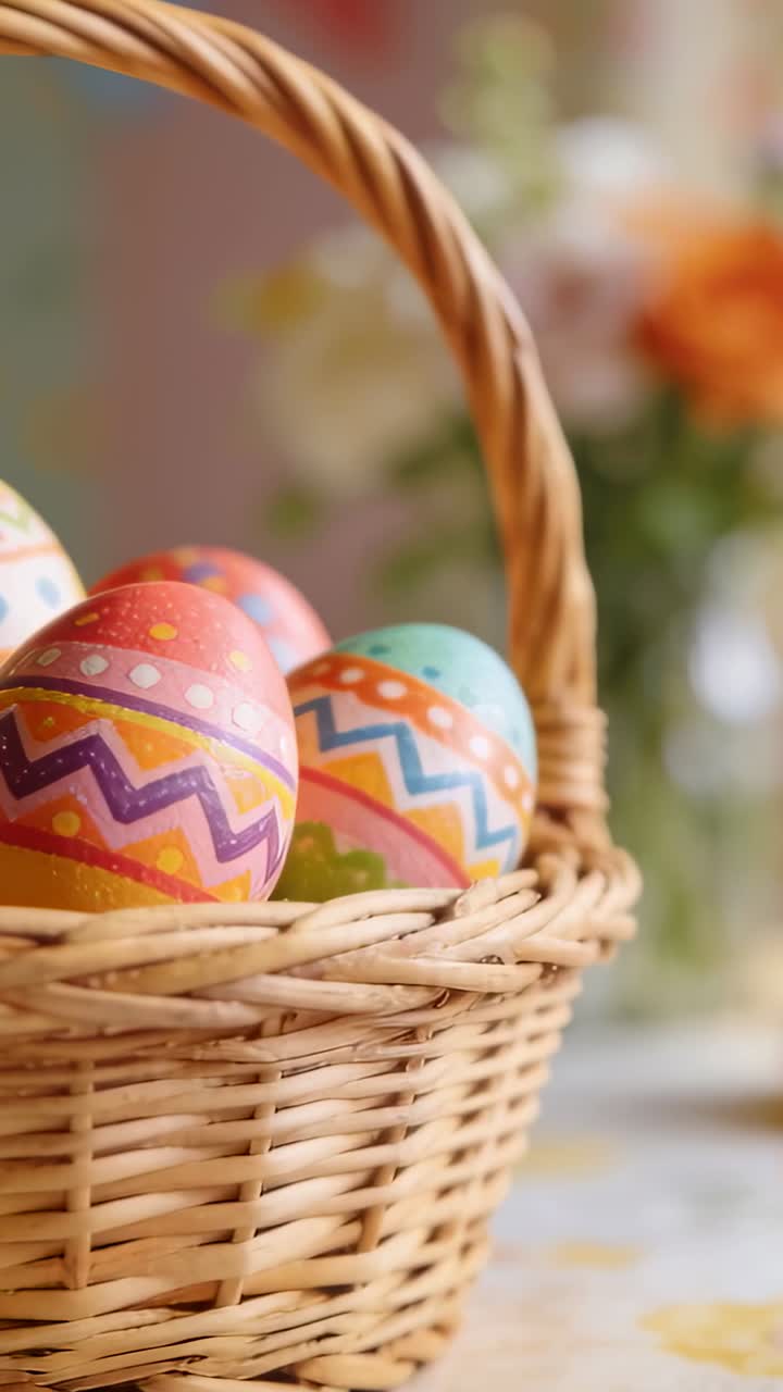 Wicker basket holding hand-painted Easter eggs sitting on floral tablecloth with blurred vase