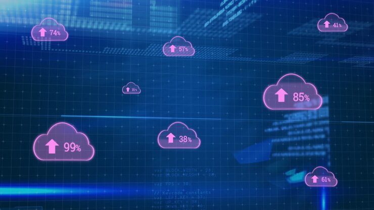 Animation of cloud icons and data processing over dark background