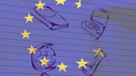 EU-flag-waving-against-multiple-school-concept-icons-on-white-lined-paper