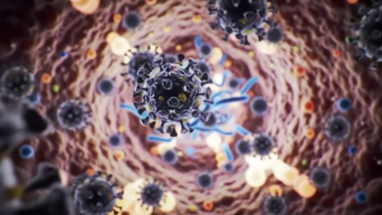 Exploring the Intricate World of Microorganisms: A Detailed Journey Through Cellular Environments and Interactions Seen in a Scientific Visualisation