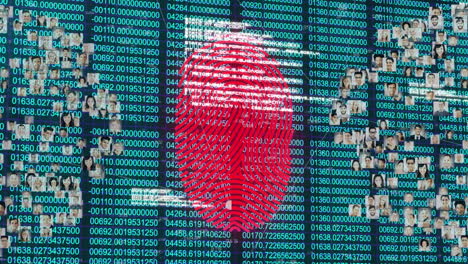 animation of biometric fingerprint data processing and network of connections over dark background