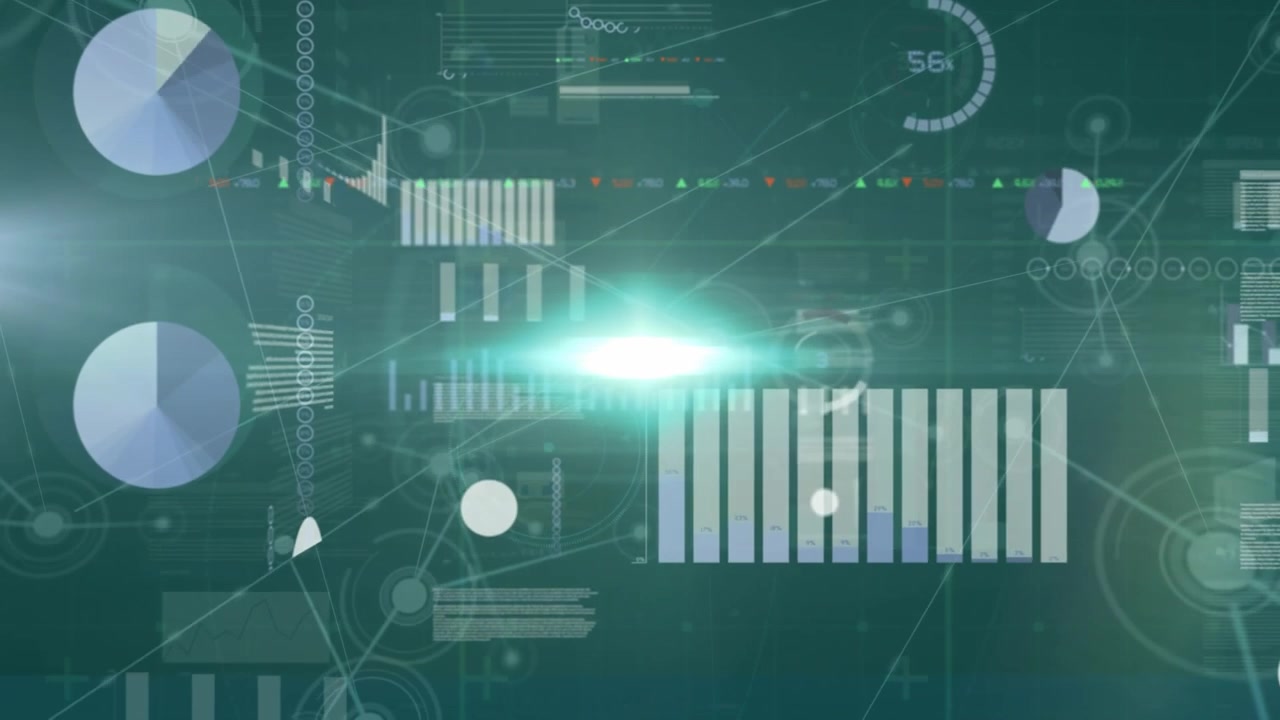 Animation of data processing and network of connections against light spot on green background