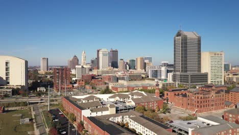 columbus, ohio skyline drone video zoom into city