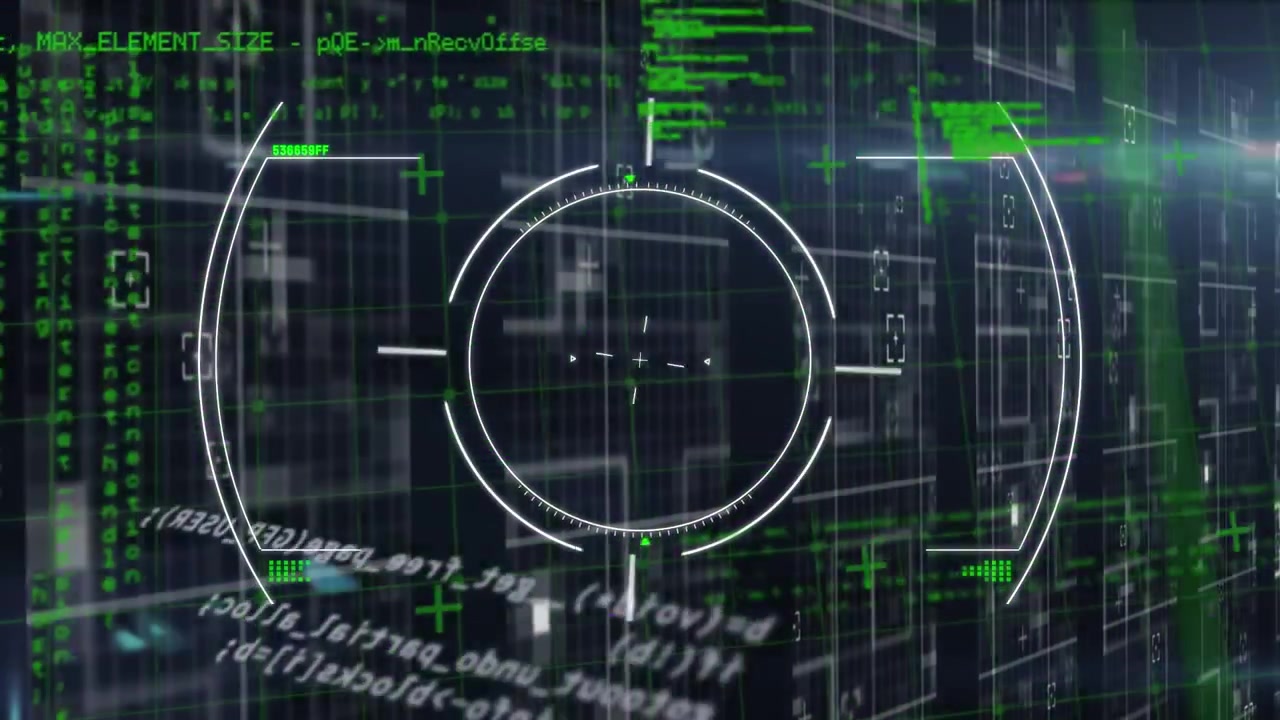Animation of glitch technique, circles, viewfinders and programming language on abstract background