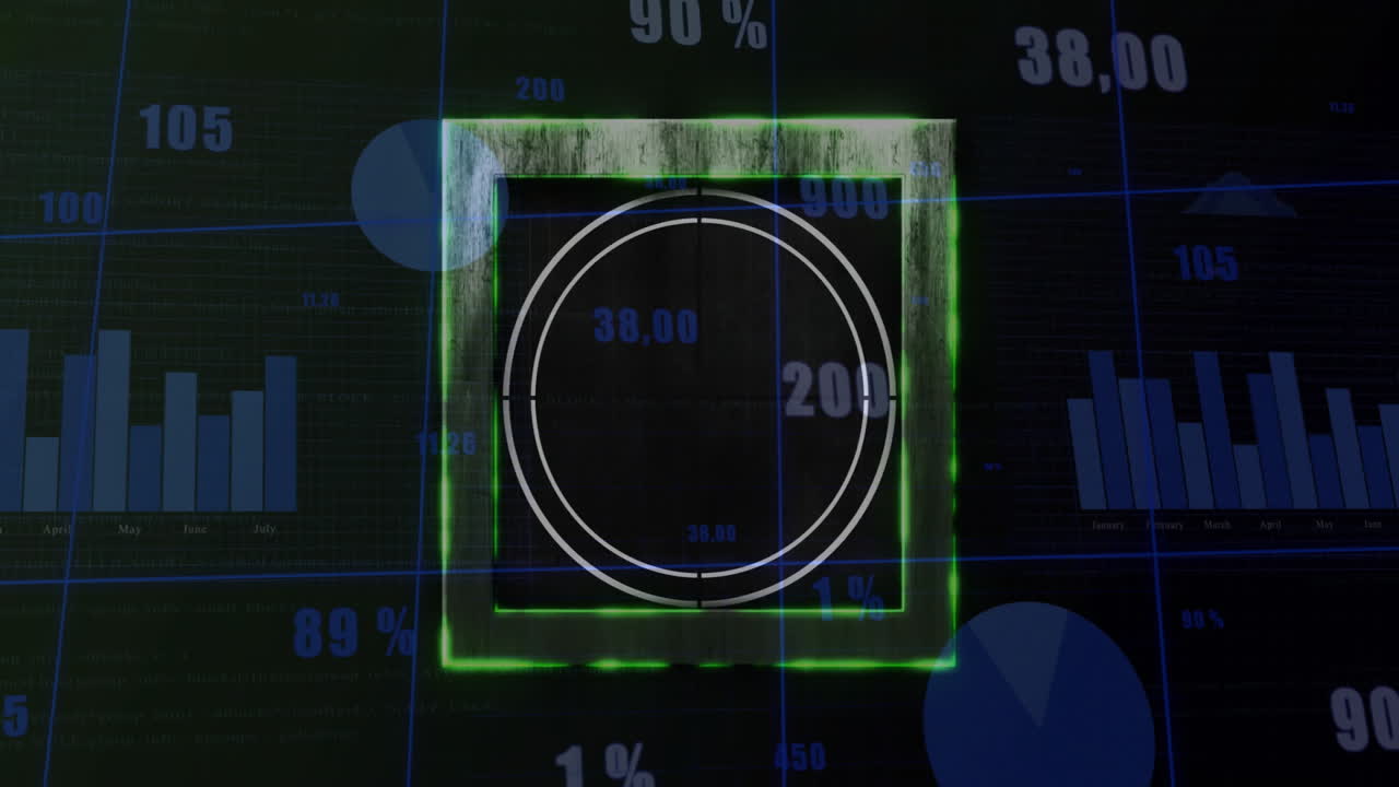 Animazione di targeting su grafici finanziari e dati percentuali su schermo di computer