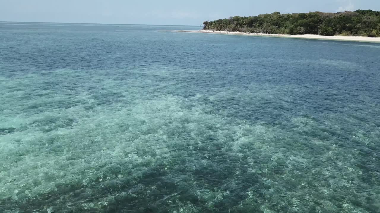 ドローンの空中を左に移動し、上にパンして、澄んだ青い海のサンゴ礁の近くにある熱帯林の島を表示します