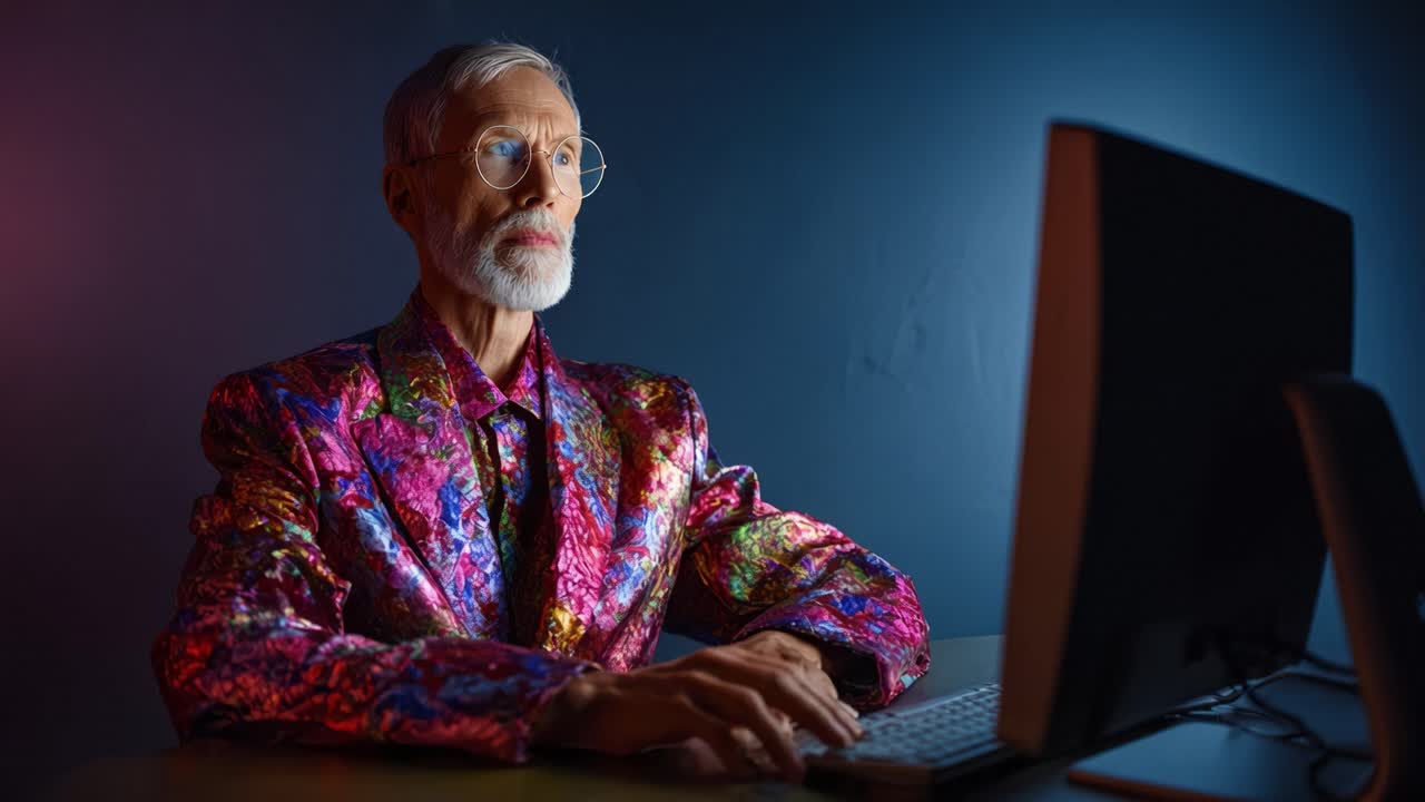 A distinguished elderly man in a vibrant multicolored jacket uses a computer, showcasing a blend of technology and personal style, engaged and focused