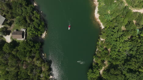 aerial view of hogscald hollow ravine with calm waters on a sunny day in summer in arkansas, usa