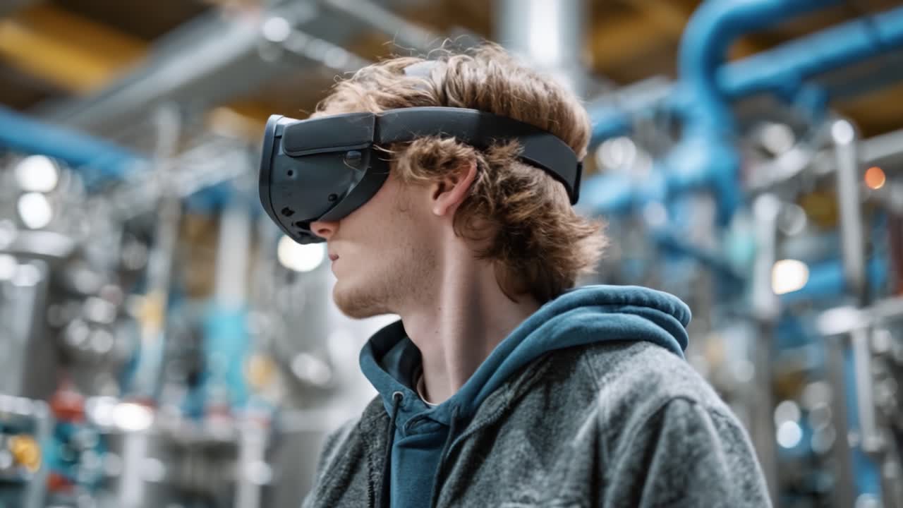 Exploring New Realities: A Young Man Wearing a Virtual Reality Headset Engages with Advanced Technology in an Industrial Environment