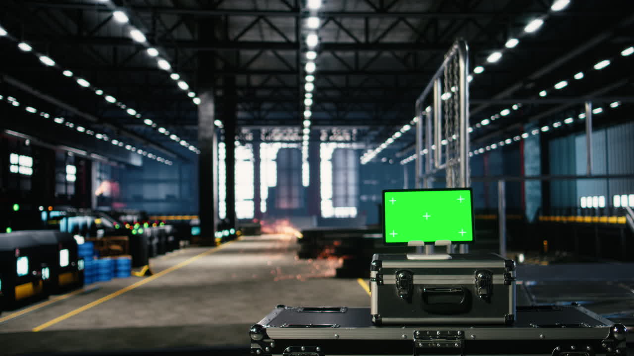 Chroma key with empty machinery hall shows industrial environment