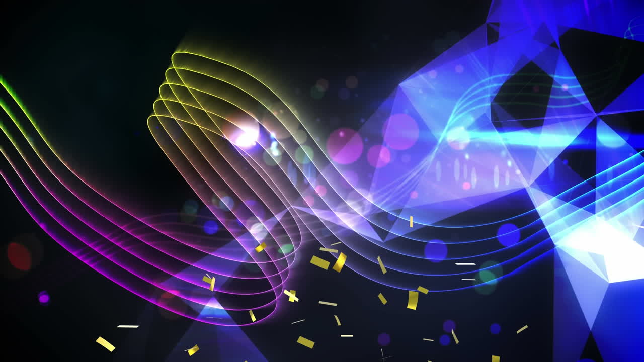 금색 콘페티가 디지털 파도 위에 떨어지고 검은 바탕에 빛의 반점이 있습니다.