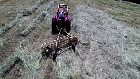 Hay-Raked-on-Ashe-County-NC-Farm-near-West-Jefferson-NC,-Tractor-in-Use