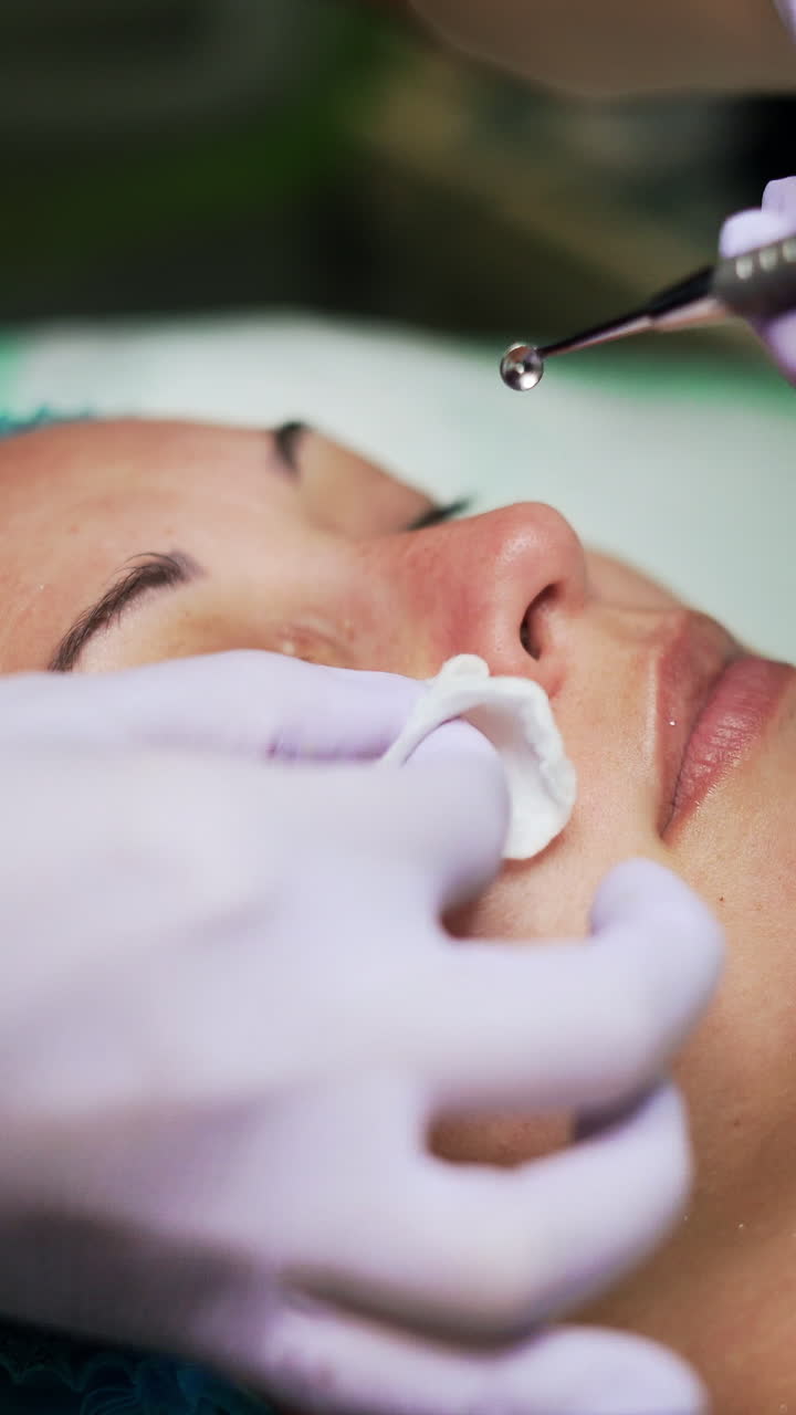 Beautician cleaning pores with the help of special tool. Beauty procedures and skincare at salon. Close up. Vertical video