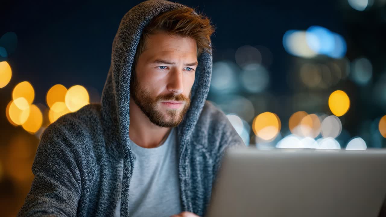 En fokuseret ung mand i en hoodie, der arbejder på en bærbar computer om natten, omgivet af byens lys, illustrerer dedikation, teknologi og natlig produktivitet
