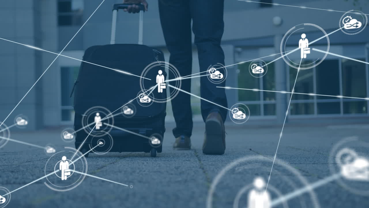 animación de la red de conexiones con iconos sobre hombre de negocios afroamericano con maleta