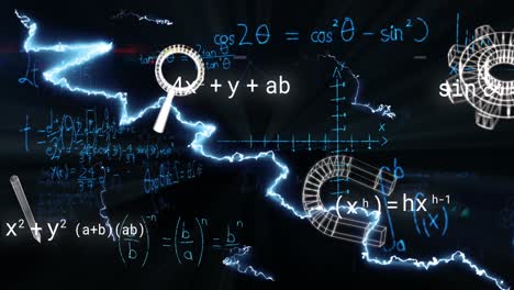 animation of icons over mathematical equations and lightning on black background