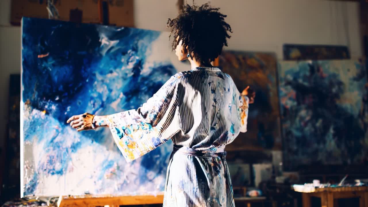 An Artist Engaged in Creative Expression in a Vibrant Studio Surrounded by Colorful Abstract Paintings and Art Supplies, Capturing the Essence of Imagination and Passion