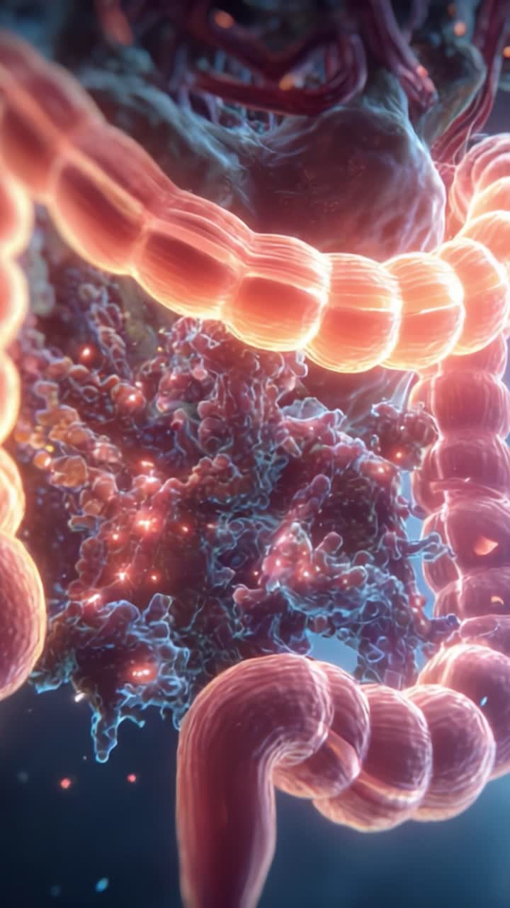 Microscopic Visualization of the Intestinal Structure and Its Cellular Environment, Highlighting the Intricate Network of Digestive Organs and Surrounding Tissues