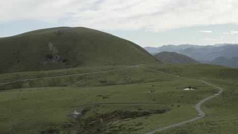 Vintage-cars-driving-along-rural-road-with-wild-horses-grazing-in-green-fields-of-Col-Inharpu,-Basque-Pyrenees,-France