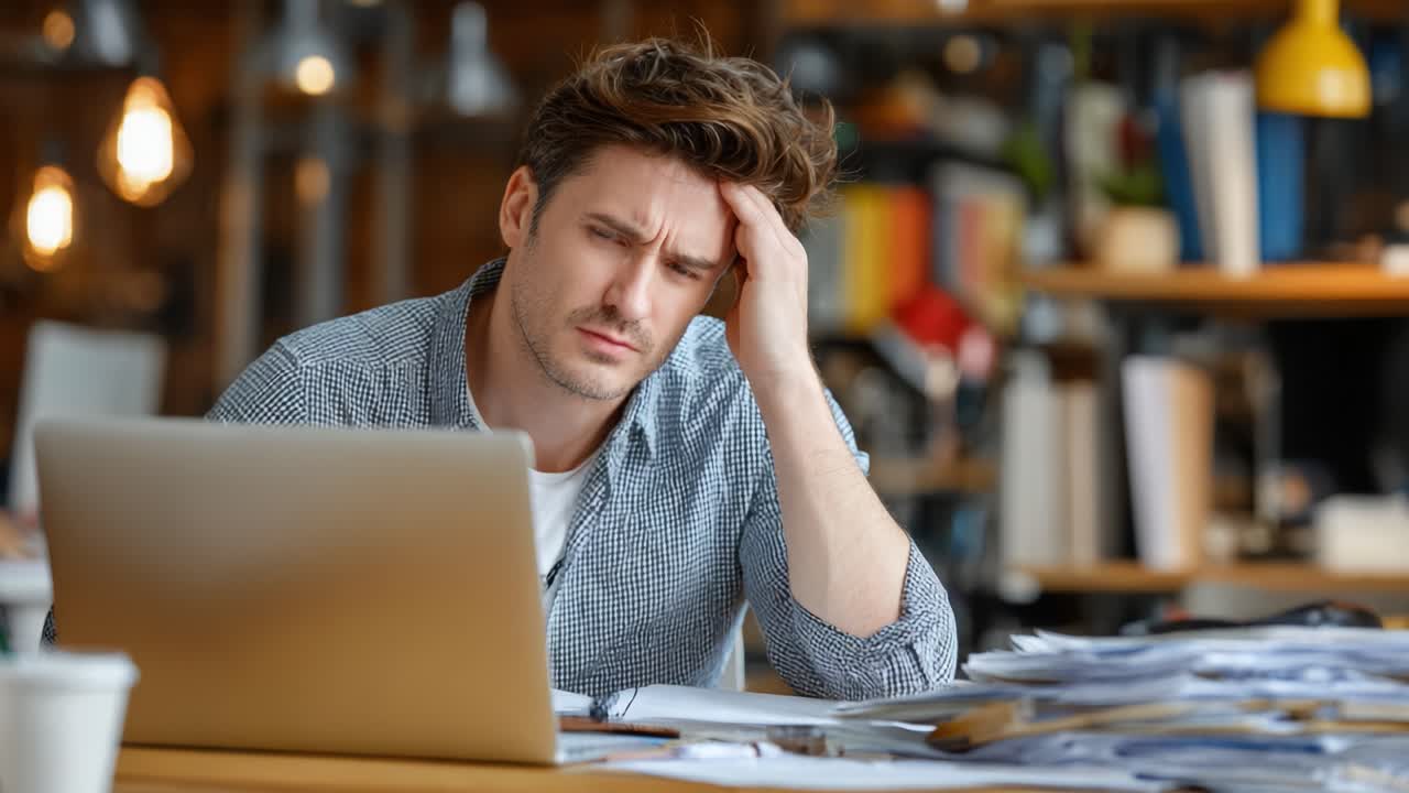 A Frustrated Professional Stares at His Laptop, Overwhelmed by Workload and Responsibilities in a Busy Office Environment Filled with Documents and Distractions