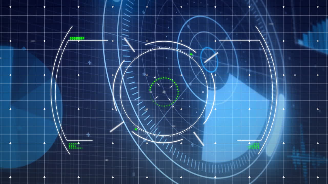 Digital interface displaying circular patterns and data points on grid background