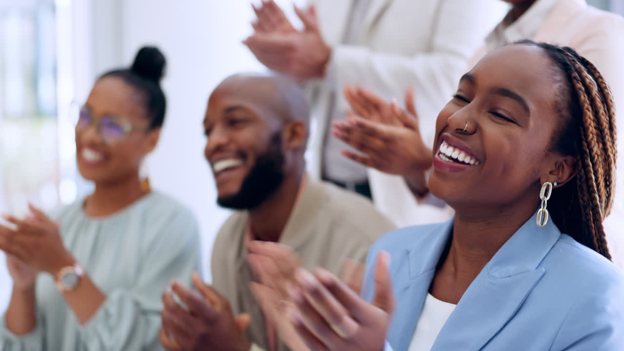 Business, staff or applause for celebration