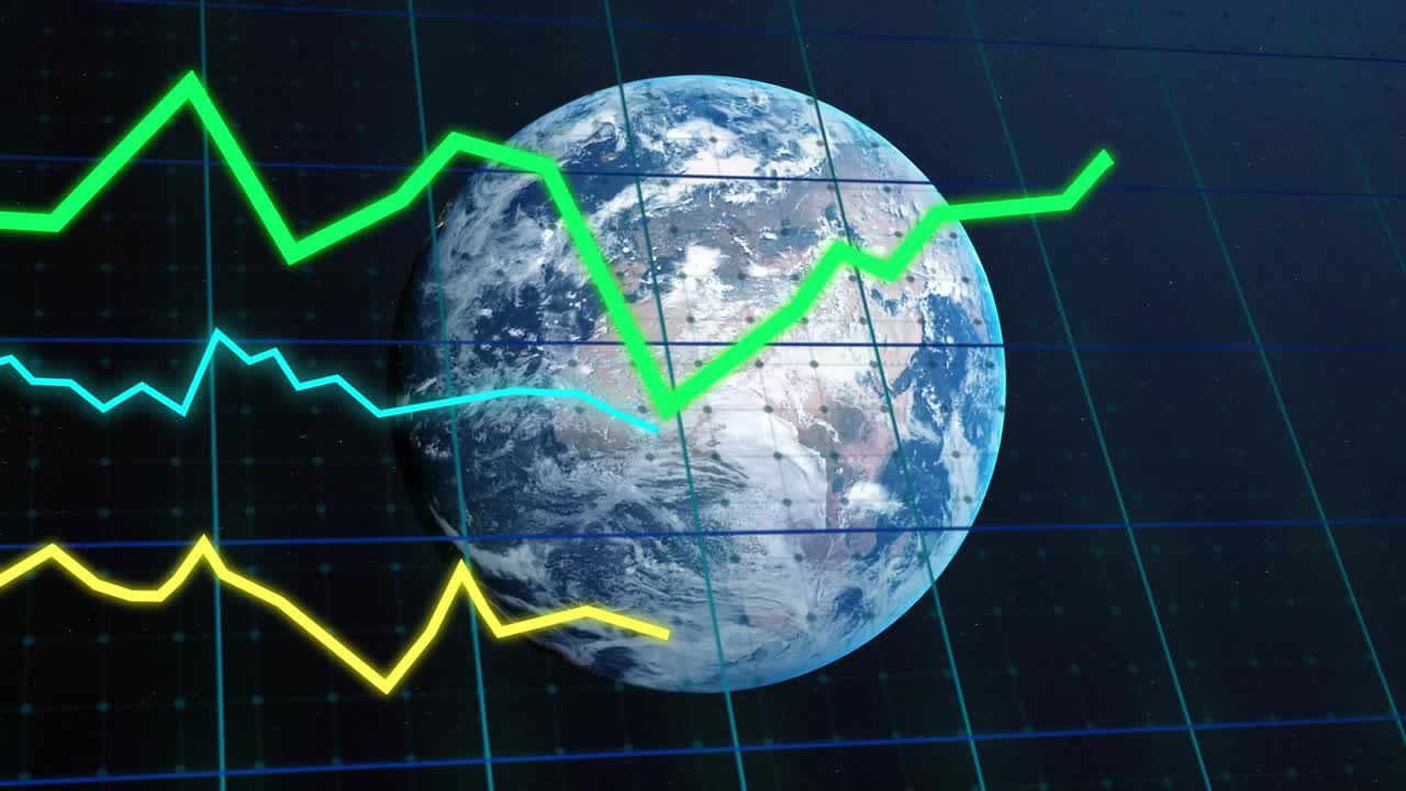 Green line entering left edge, cyan and yellow lines crossing 3D globe, visualizing market trends