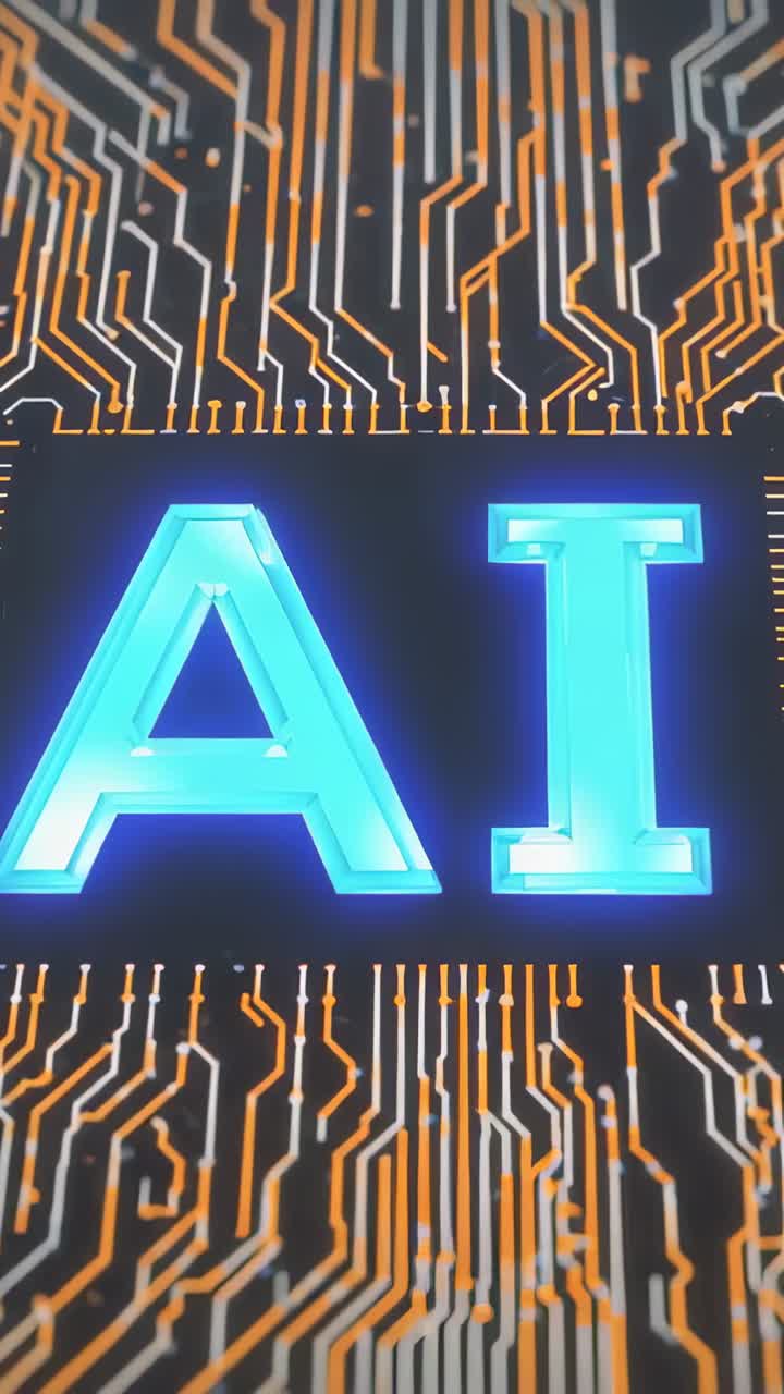 Vertical video: Appearing glowing AI letters at startup, sending pulses over digital board traces