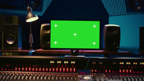 sala de control de estudio de grabación profesional vacía con pantalla verde en exhibición