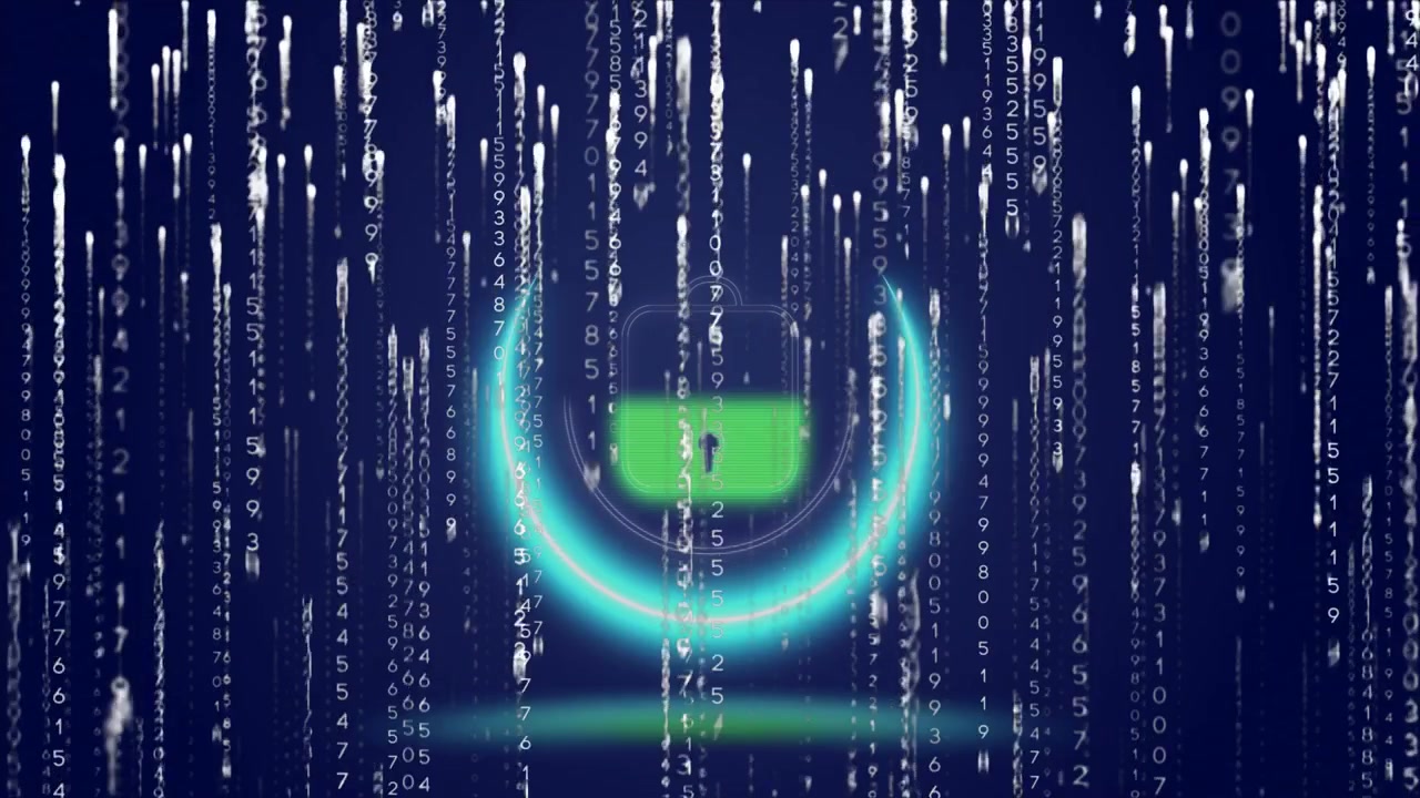 Un arco ciano si forma, una barra verde appare, un lucchetto centrato pulsa trasformandosi in una pioggia di cifre, mostrando sicurezza.