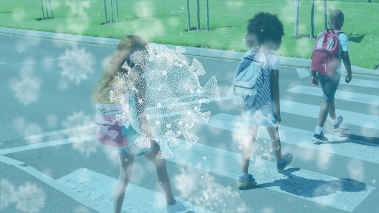 도로를 건너는 학생 그룹을 향해 떠다니는 여러 코로나19 세포의 디지털 구성