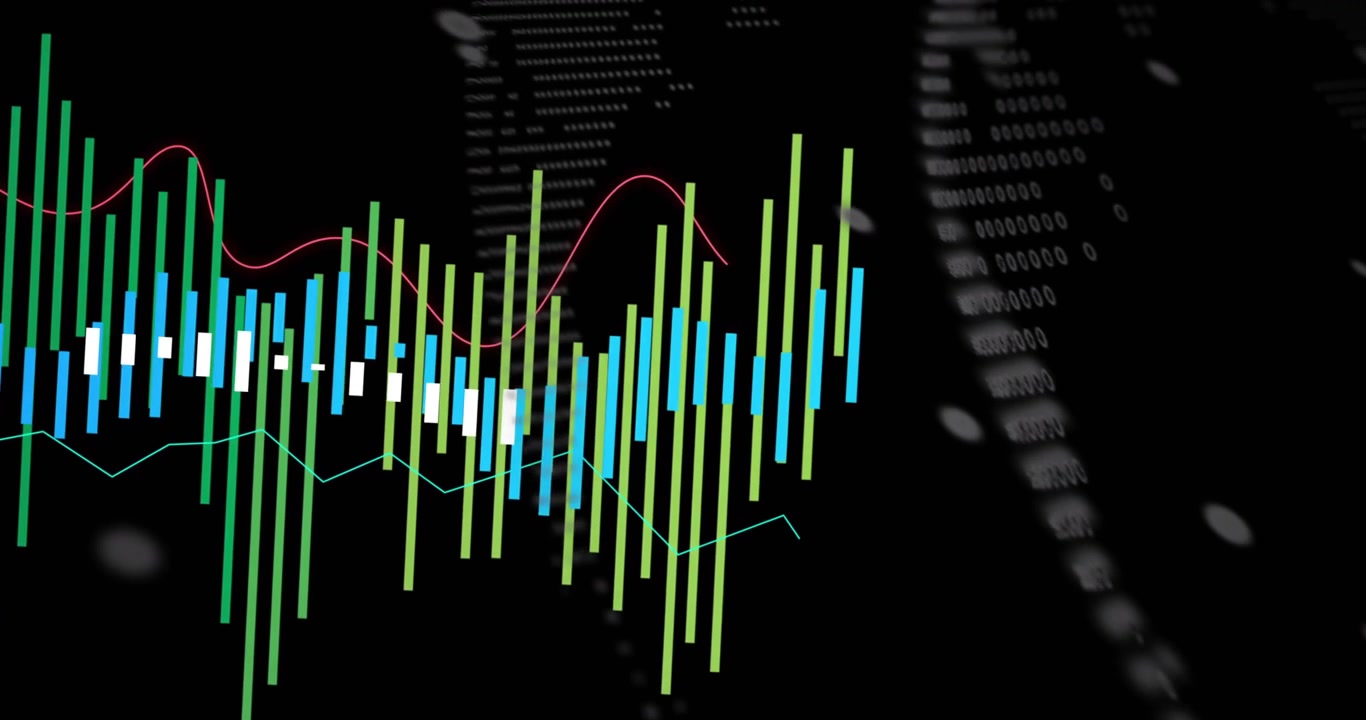 Emerging data bars moving toward center, adding lines, rotating globe, showing trends