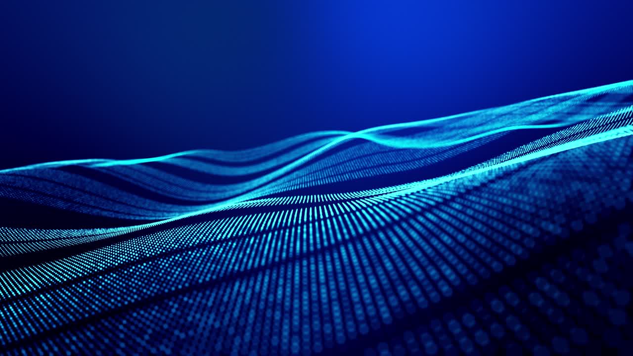 4k looped abstract background of glow particles form lines, surfaces as futuristic landscape in cyberspace or hologram. Sci-fi theme of microworld, nanotechnology or cosmic space. Blue stripes 5