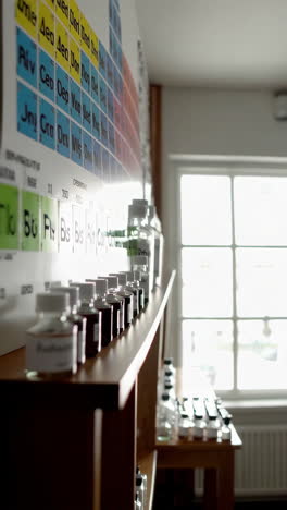 chemistry lab shelf with bottles and periodic table