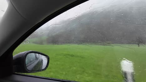 Vista-Del-Campo-De-Hierba-Desde-La-Ventana-Del-Coche-Durante-La-Lluvia,-Conduciendo-Rápido