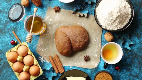 gingerbread dough placed among various ingredients  christmas baking concept