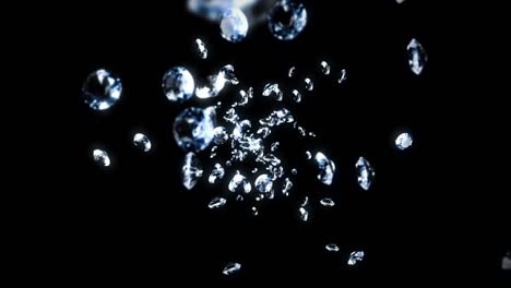 flying many jewelry diamonds on black background. shine transparent, precious gem. 3d animation of brilliant diamonds rotating. loop animation.