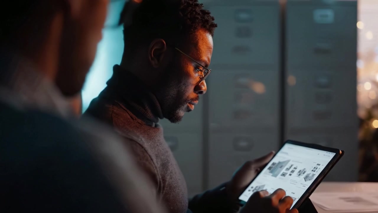 Focused individual analyzing data on a digital tablet while seated in a modern office environment, showcasing the importance of technology in contemporary work.