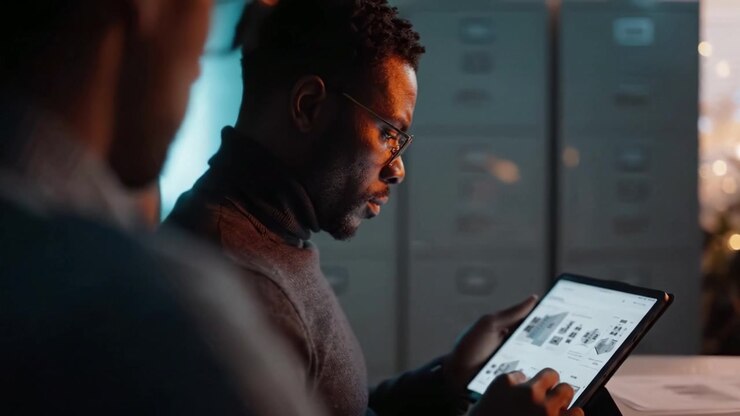 Focused individual analyzing data on a digital tablet while seated in a modern office environment, showcasing the importance of technology in contemporary work.
