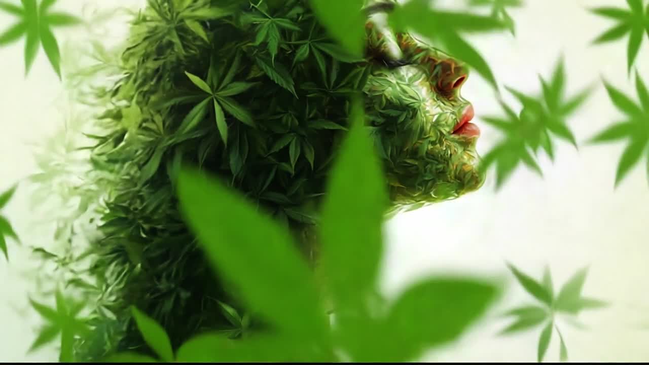 Nature portrait with foliage. A creative representation merges a woman's profile with green leaves, symbolizing harmony between humans and nature.