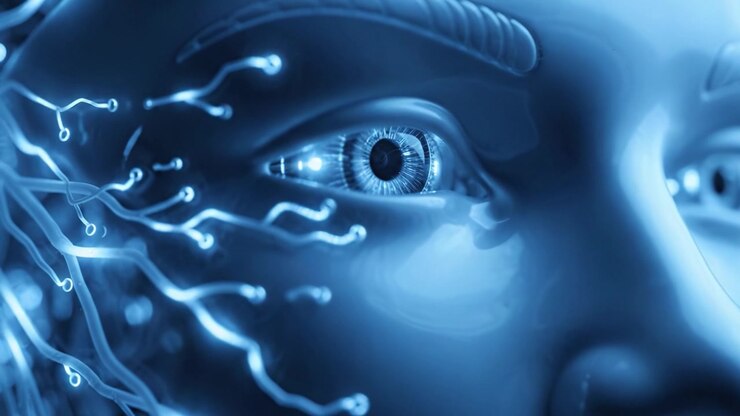 Esplorando il Design Intricato e l'Innovazione Dietro un Volto Cibernetico Futuristico con Connettività Avanzata e Tecnologia LED in Toni Blu Profondo