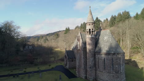 Aerial-view-of-St-Palladius-Church-in-Auchenblae,-Kincardineshire,-Scotland